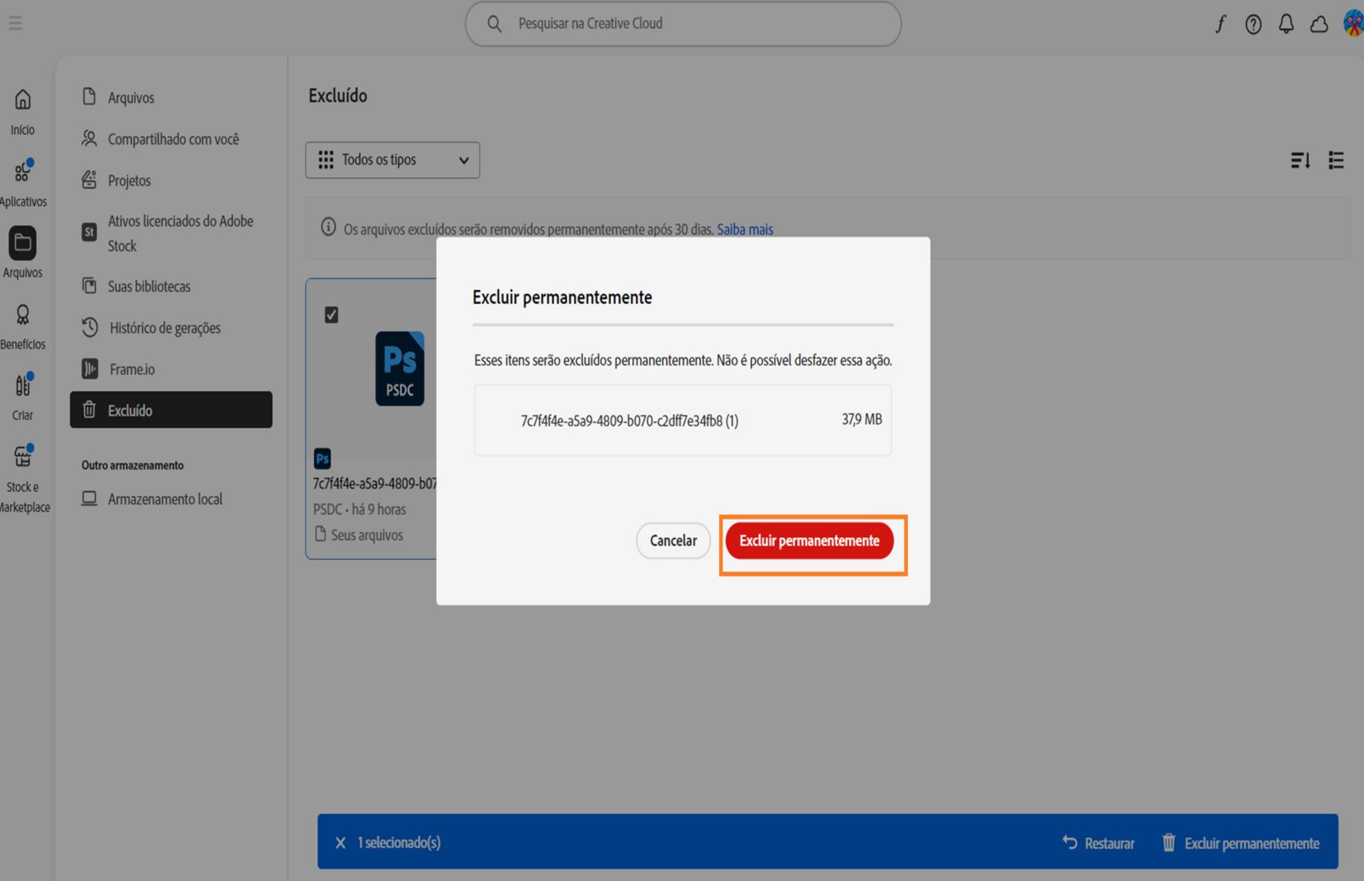 A caixa de diálogo de confirmação, que aparece quando você exclui permanentemente um arquivo, oferece a opção de confirmar sua ação. 