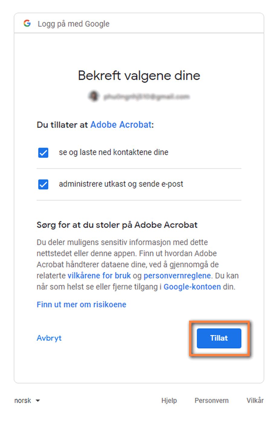 Bekreft tillatelsesvalgene dine