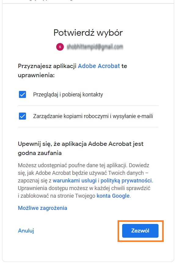Potwierdzanie wyboru uprawnień