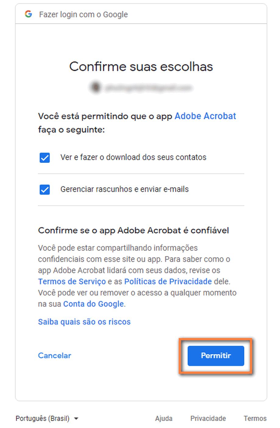 Confirmar opções de permissão