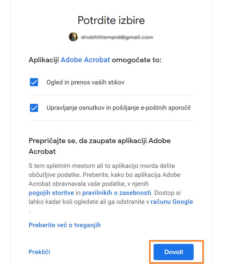 Potrdite izbire dovoljenja