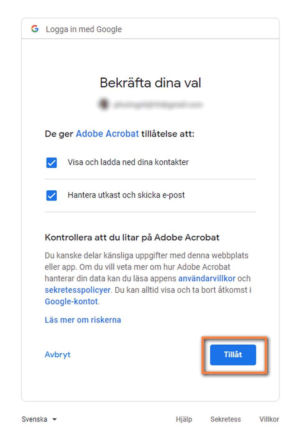 Bekræft dine tilladelsesvalg