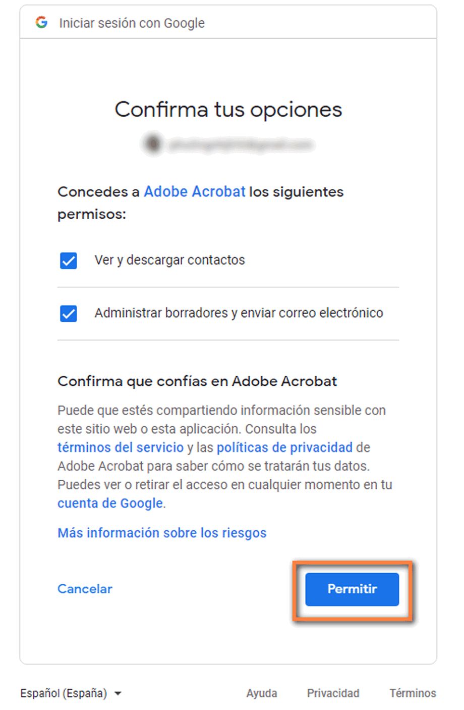 Confirmar las opciones de permiso