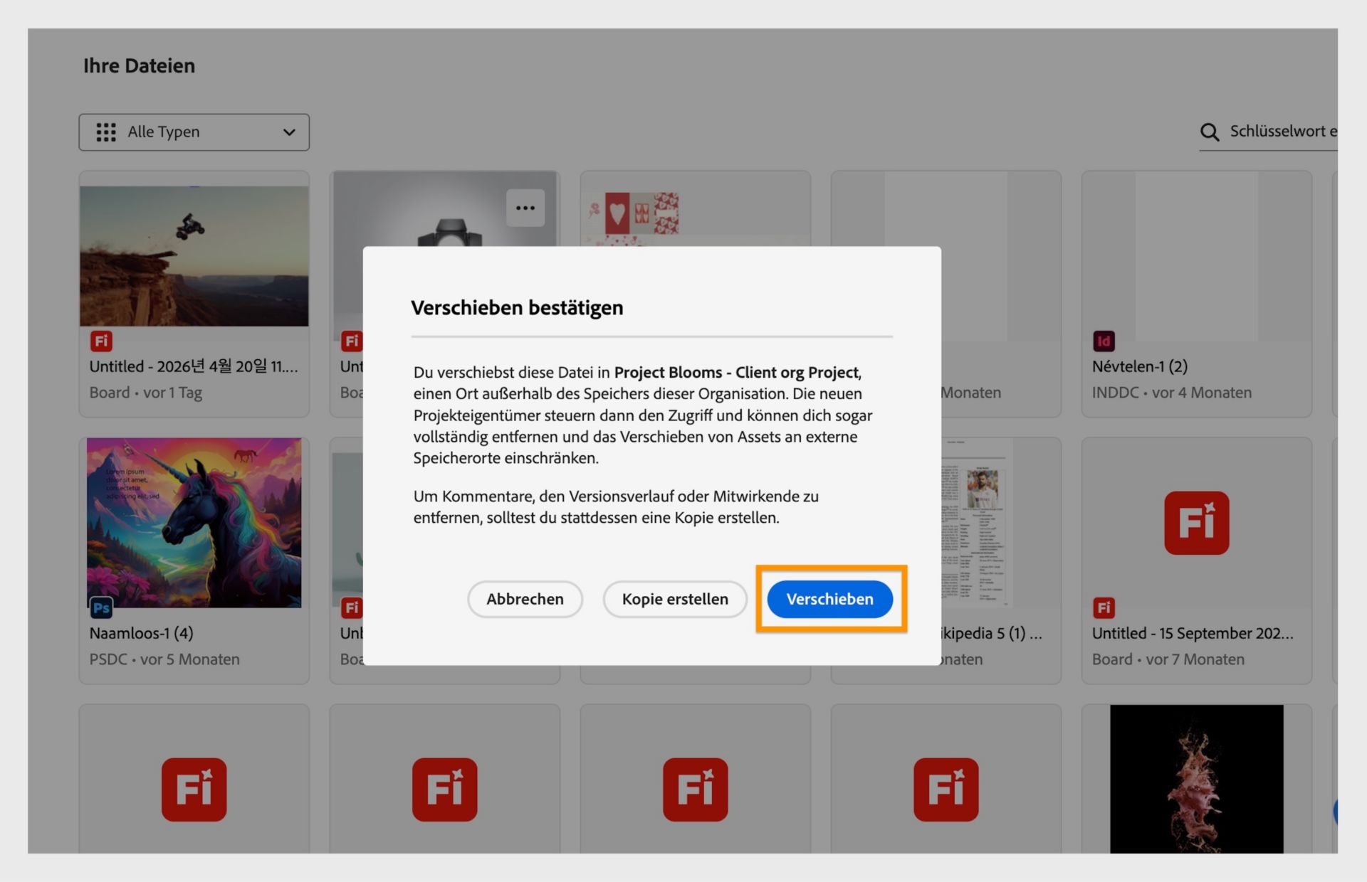 Bestätigungsdialog, der den Anwender auffordert, das ausgewählte Projekt vor dem Verschieben der Datei zu überprüfen.