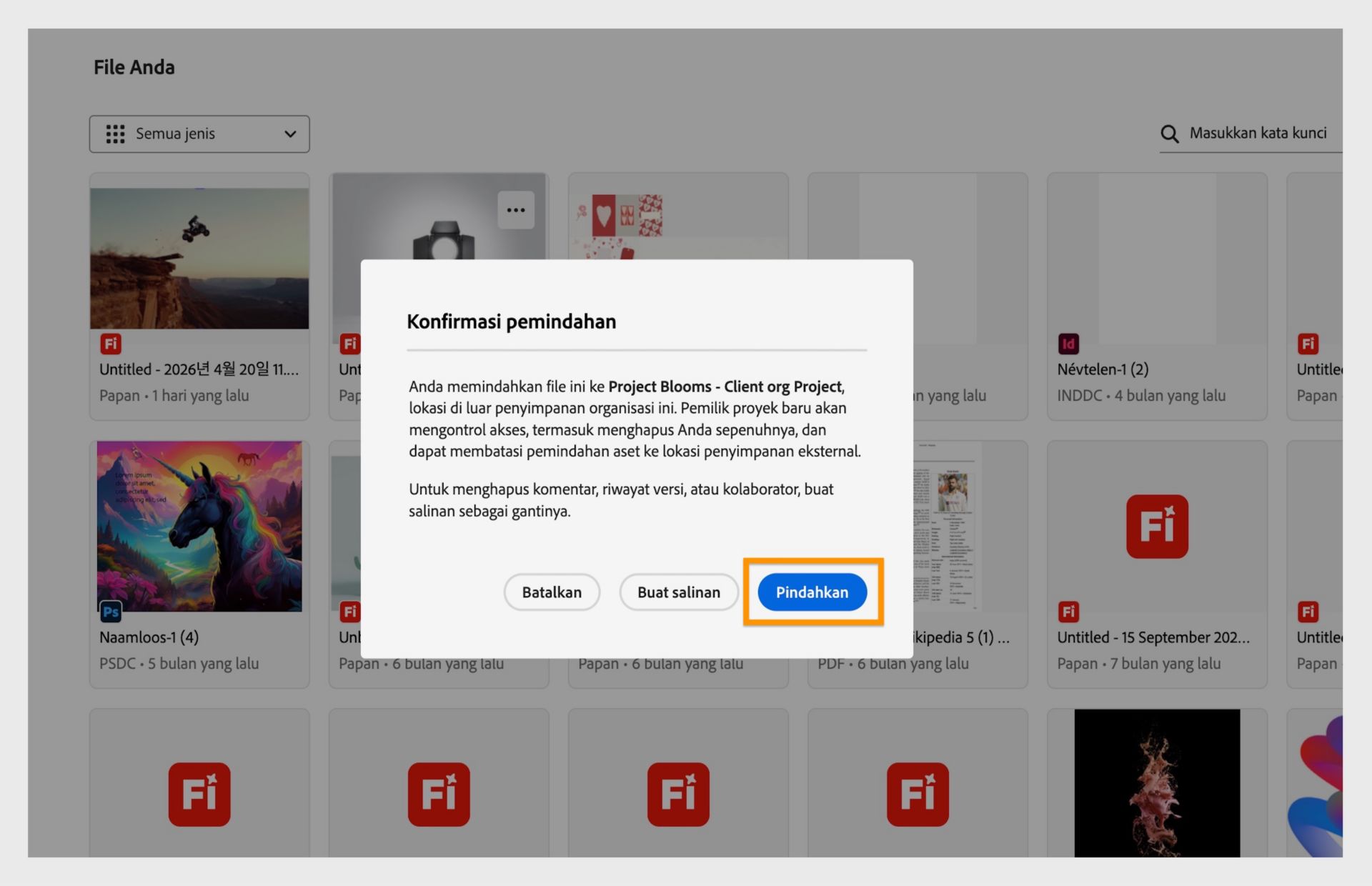 Kotak dialog konfirmasi yang meminta pengguna untuk memverifikasi proyek yang dipilih sebelum memindahkan file.