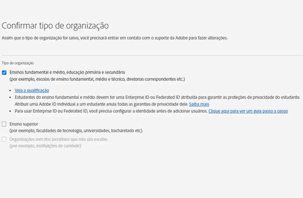 Confirmar tipo de organização