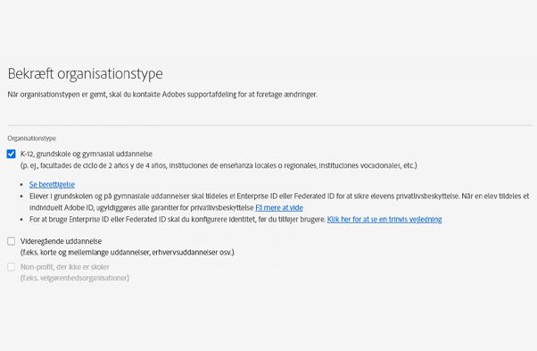 Bekræft organisationstype