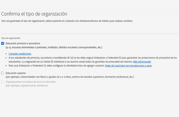 Confirmación de tipo de organización