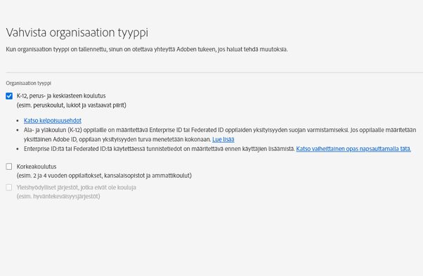 Vahvista organisaation tyyppi