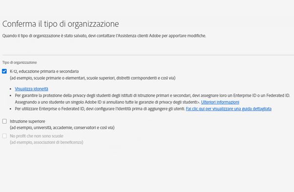 Conferma il tipo di organizzazione