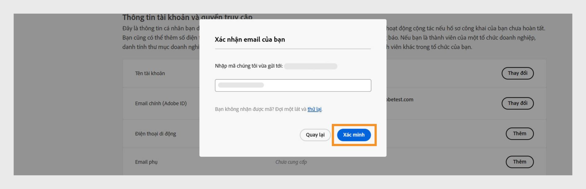 Cửa sổ Xác nhận email hiển thị trường để nhập mã xác minh và các tùy chọn để xác minh email, thử lấy lại mã và hủy quy trình. 