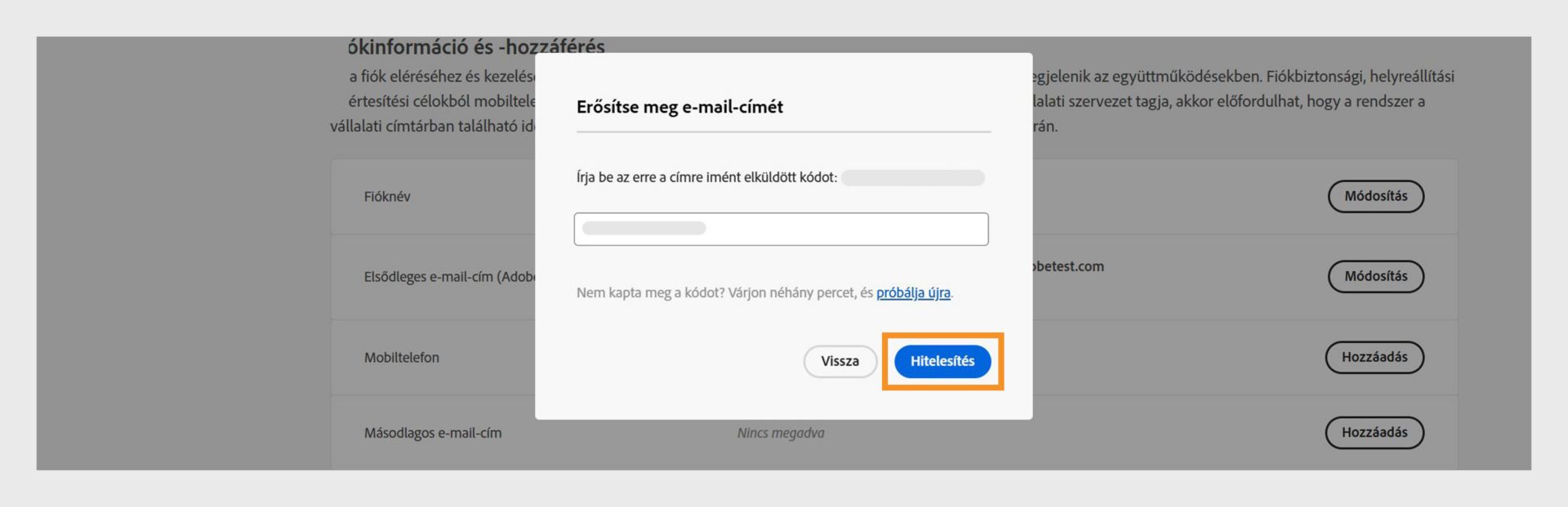 Az E-mail megerősítése ablakban megjelenik az ellenőrző kód megadására szolgáló mező, valamint az e-mail-cím ellenőrzési lehetőségei, próbálja meg újra lekérni a kódot, és szakítsa meg a folyamatot. 