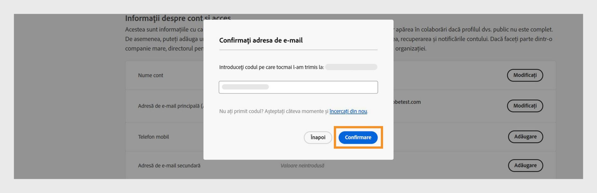 Fereastra Confirmați adresa de e-mail cu un câmp în care puteți introduce codul de verificare și opțiunile de verificare a e-mailului, încercați să obțineți din nou codul și anulați procesul. 