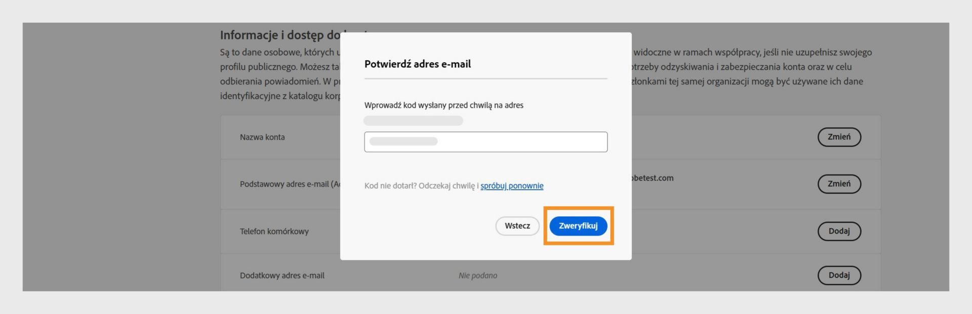 Okno Potwierdź swój adres e-mail zawiera pole do wprowadzenia kodu weryfikacyjnego oraz opcje jego weryfikacji, ponownej próby uzyskania kodu oraz anulowania procesu. 
