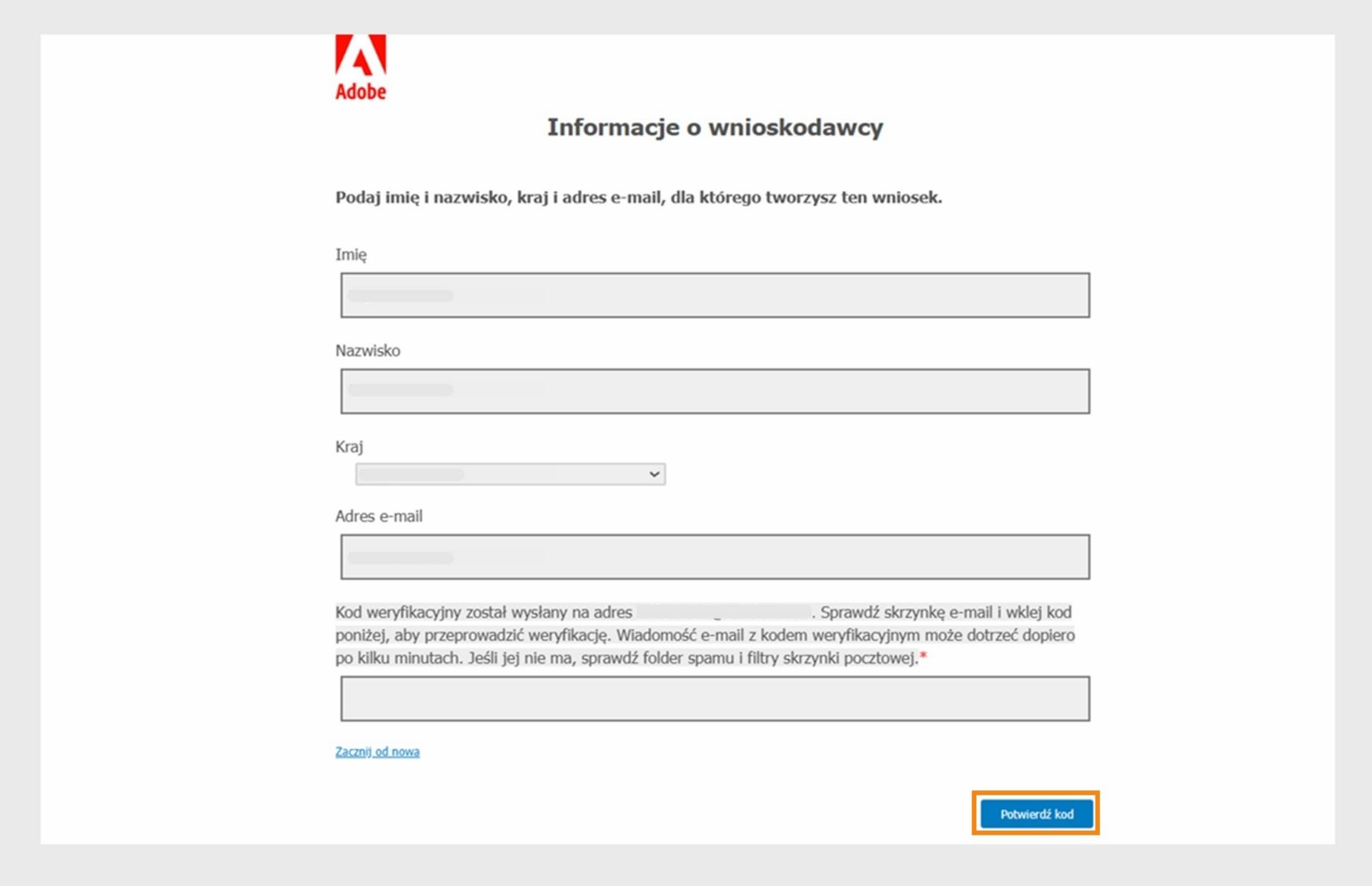 Formularz informacji o wnioskodawcy wyświetla pola, w których wnioskodawcy mogą wprowadzić swoje dane kontaktowe i zweryfikować swój adres e-mail.