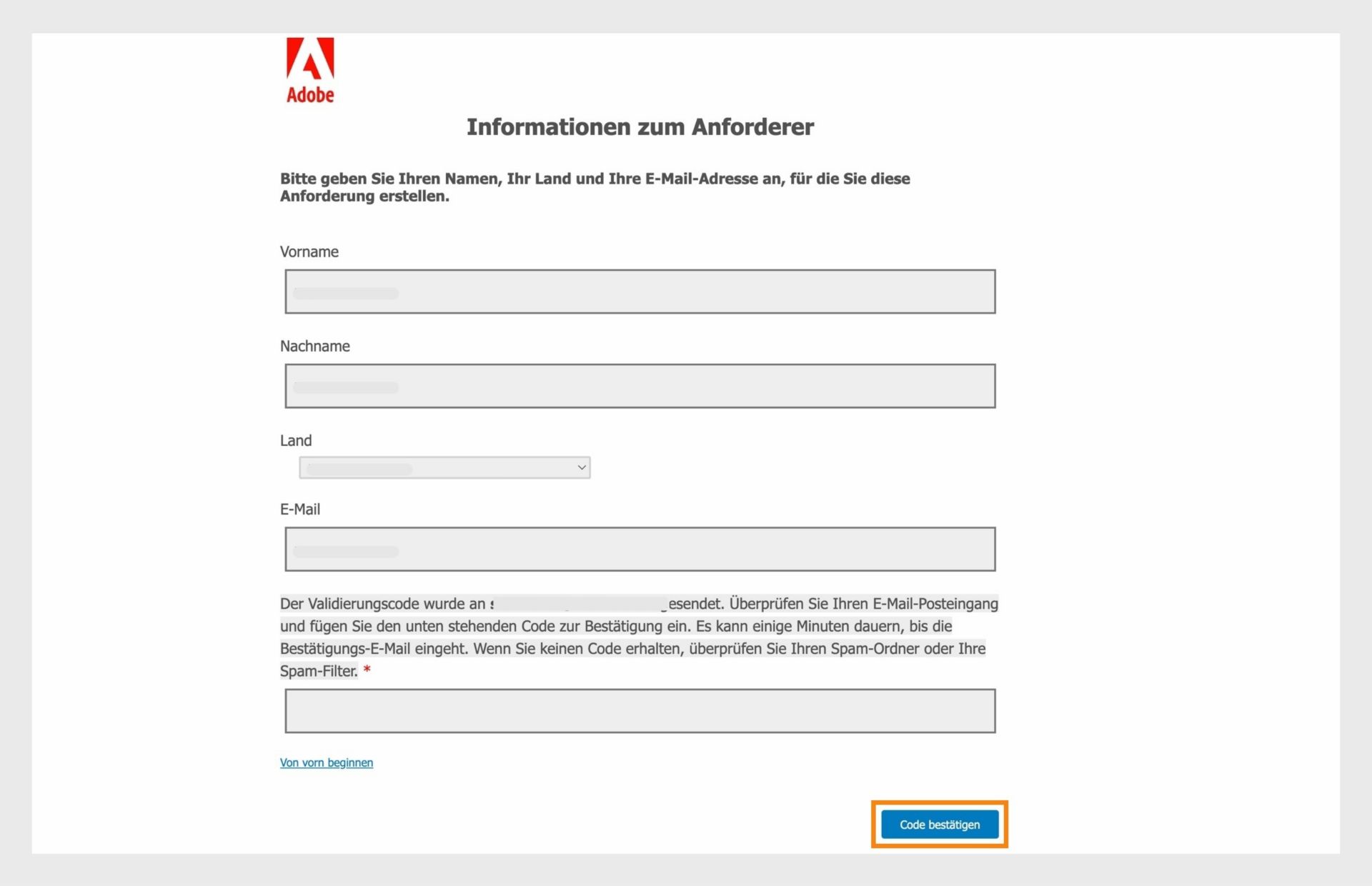 Das Formular für Antragstellerinformationen zeigt Felder an, in denen Antragsteller ihre Kontaktinformationen eingeben und ihre E-Mail-Adresse bestätigen können.