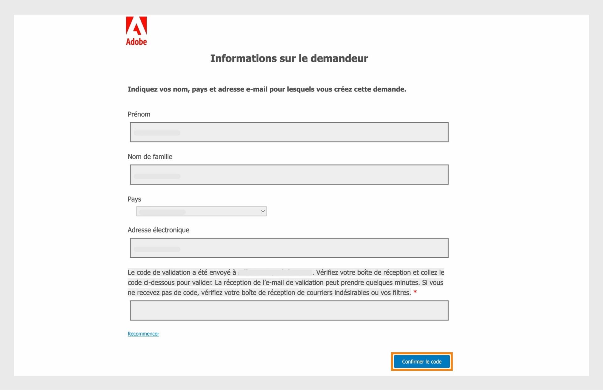 Le formulaire d’informations du demandeur affiche des champs où les demandeurs peuvent saisir leurs coordonnées et valider leur adresse e-mail.