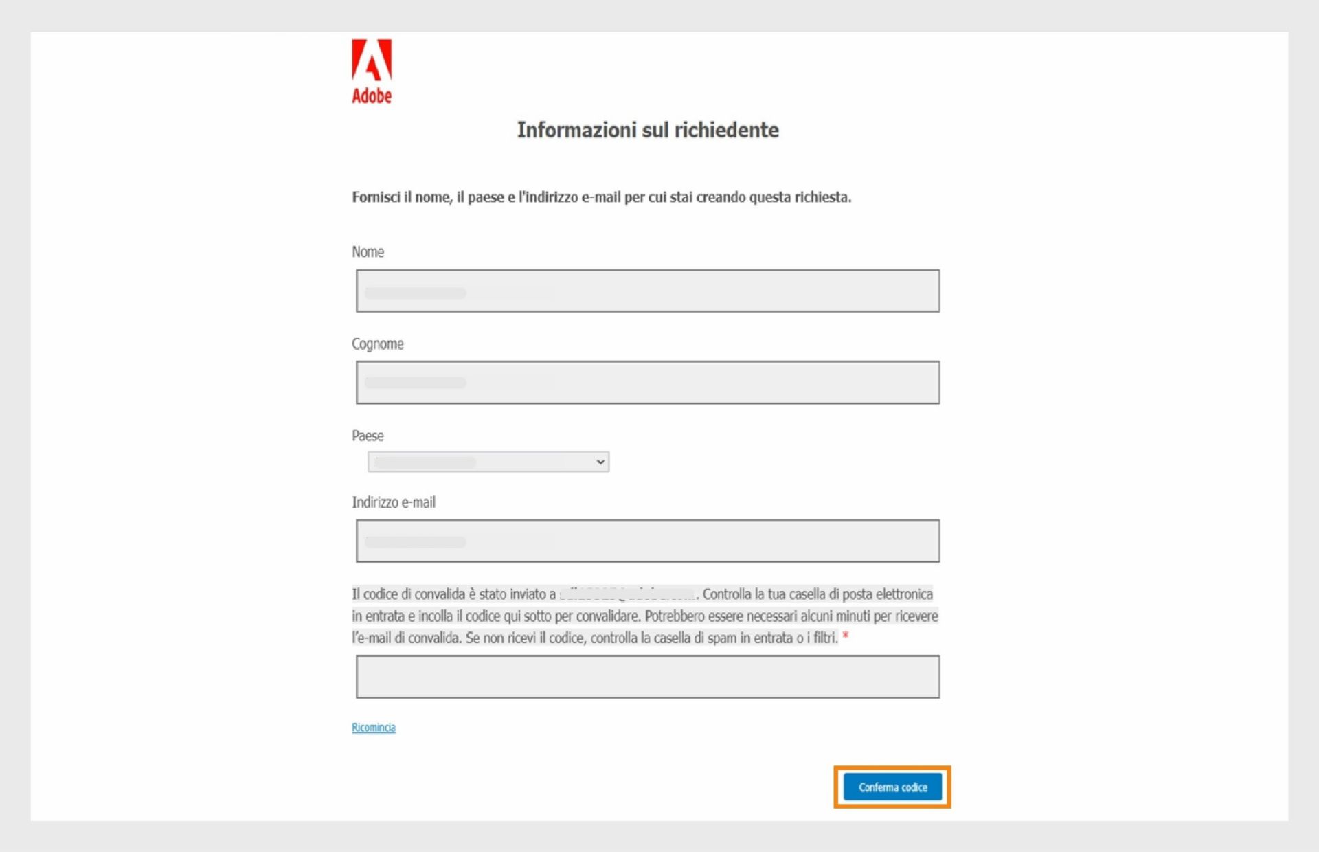 Il modulo Informazioni sul richiedente mostra i campi in cui i richiedenti possono inserire le proprie informazioni di contatto e convalidare la propria e-mail.