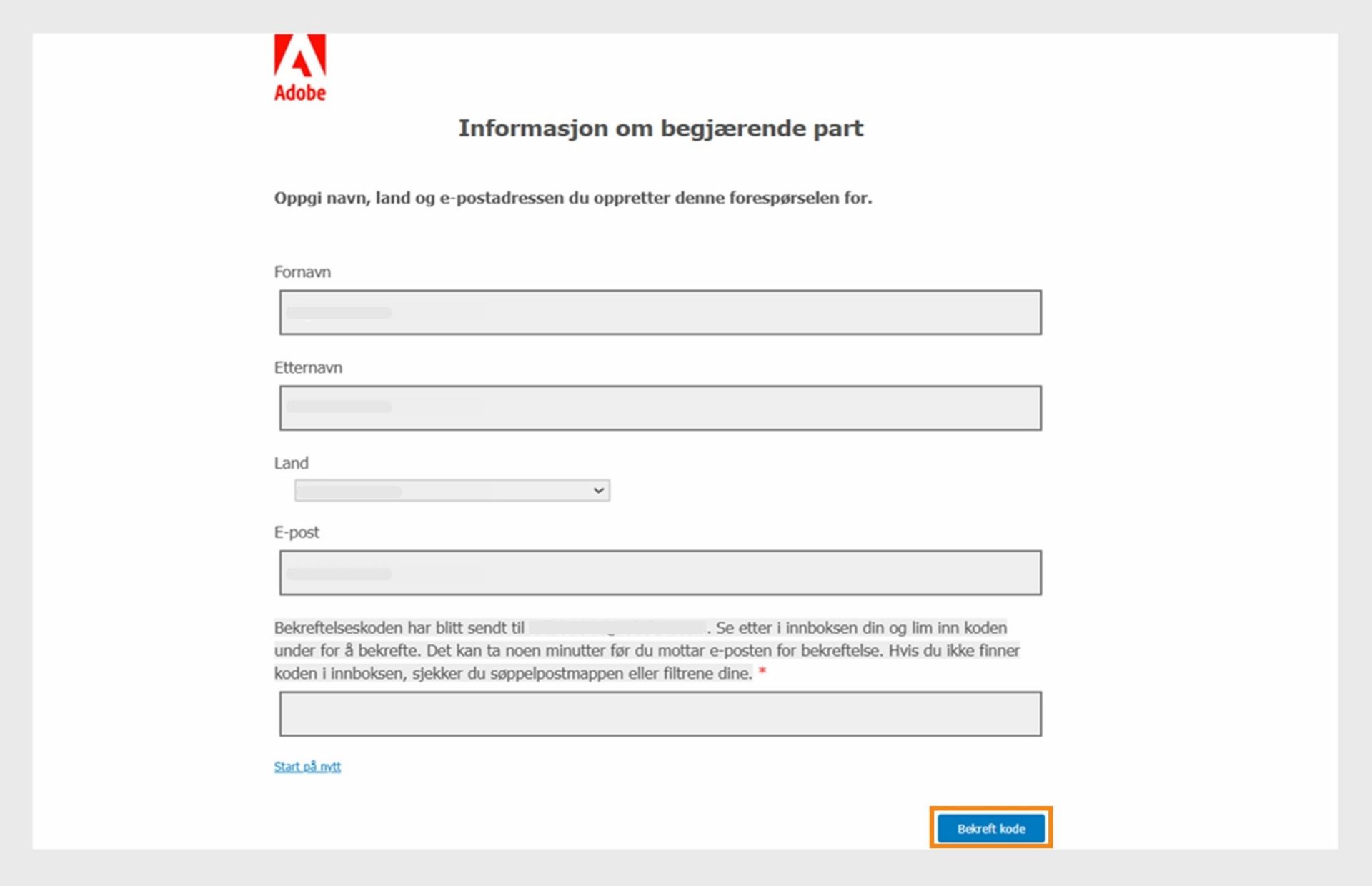 Skjemaet for forespørselsinformasjon viser felt der den som forespør kan oppgi kontaktinformasjonen sin og validere e-postadressen sin.
