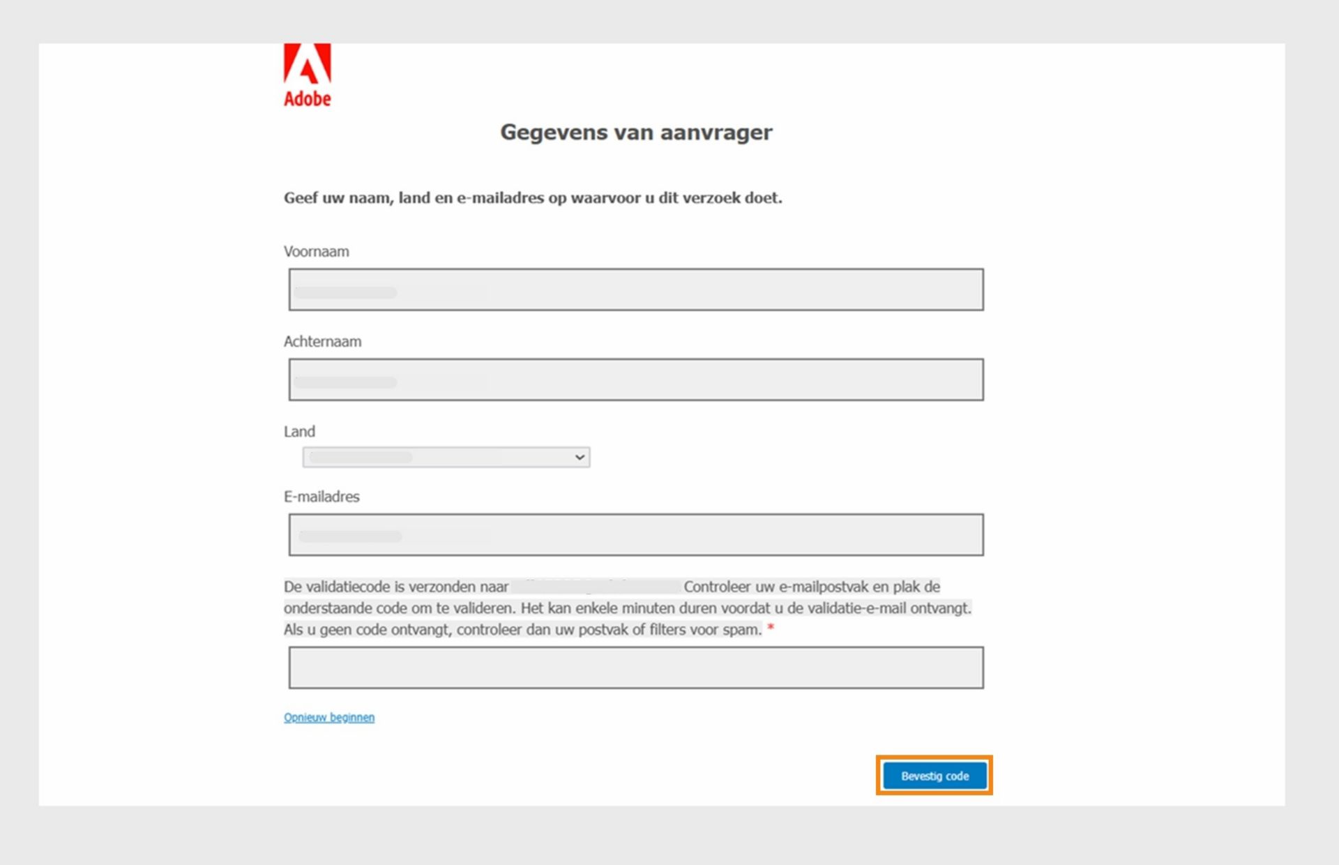 Het formulier Gegevens aanvrager bevat velden waar aanvragers hun contactgegevens kunnen invoeren en hun e-mailadres kunnen valideren.