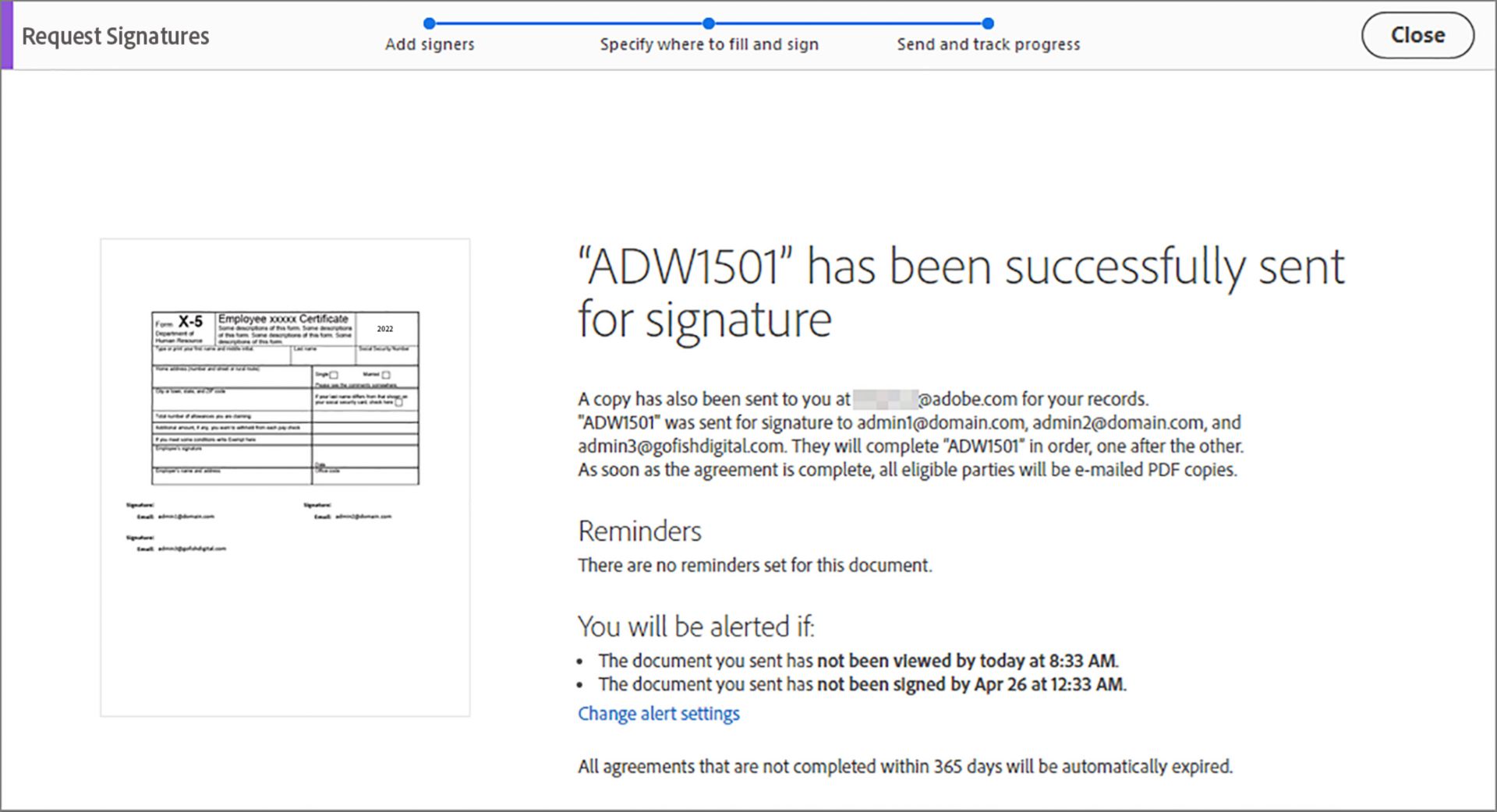 אישור שליחה לחתימה