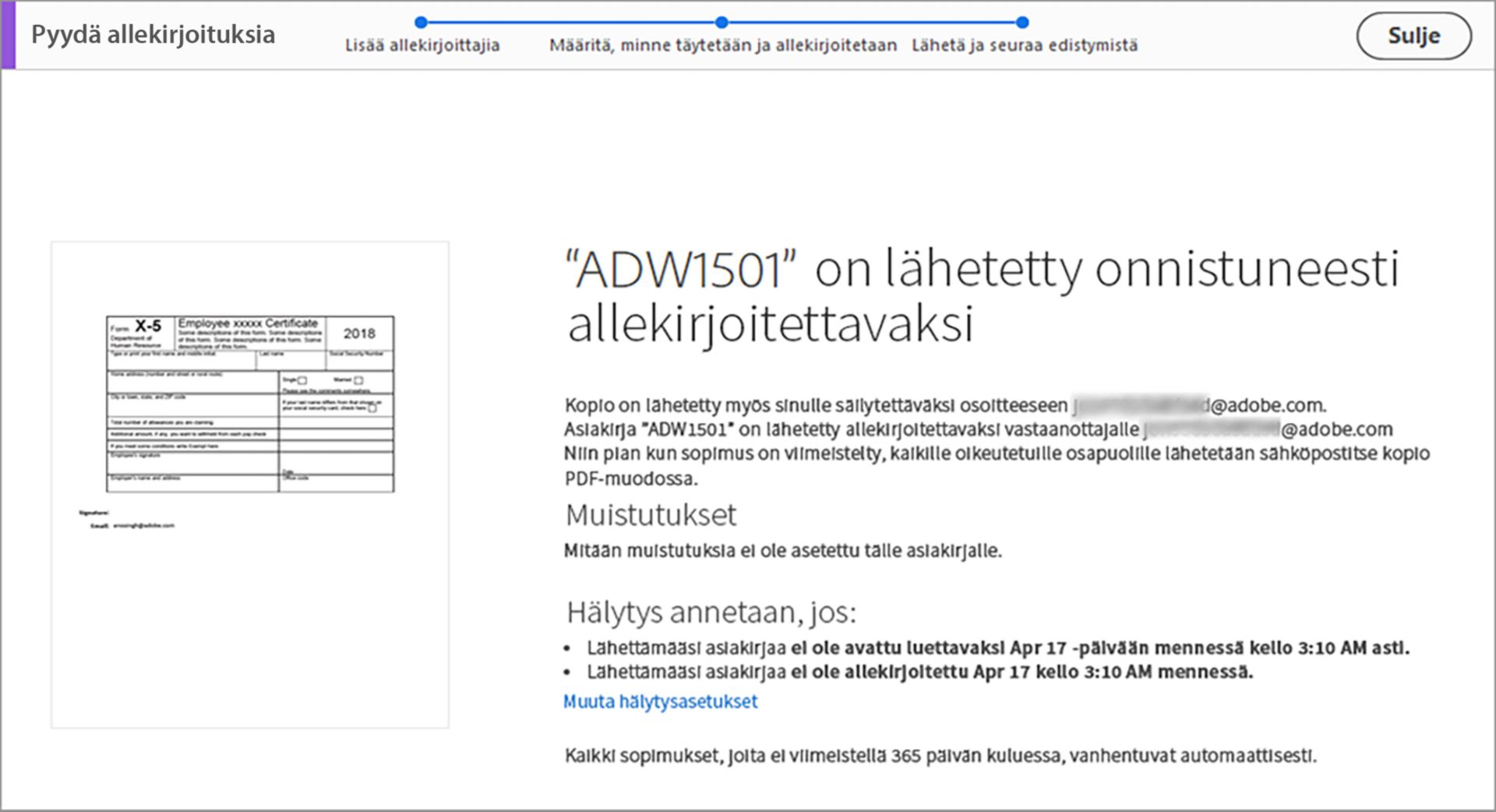 Lähetetty allekirjoitettavaksi -vahvistusviesti