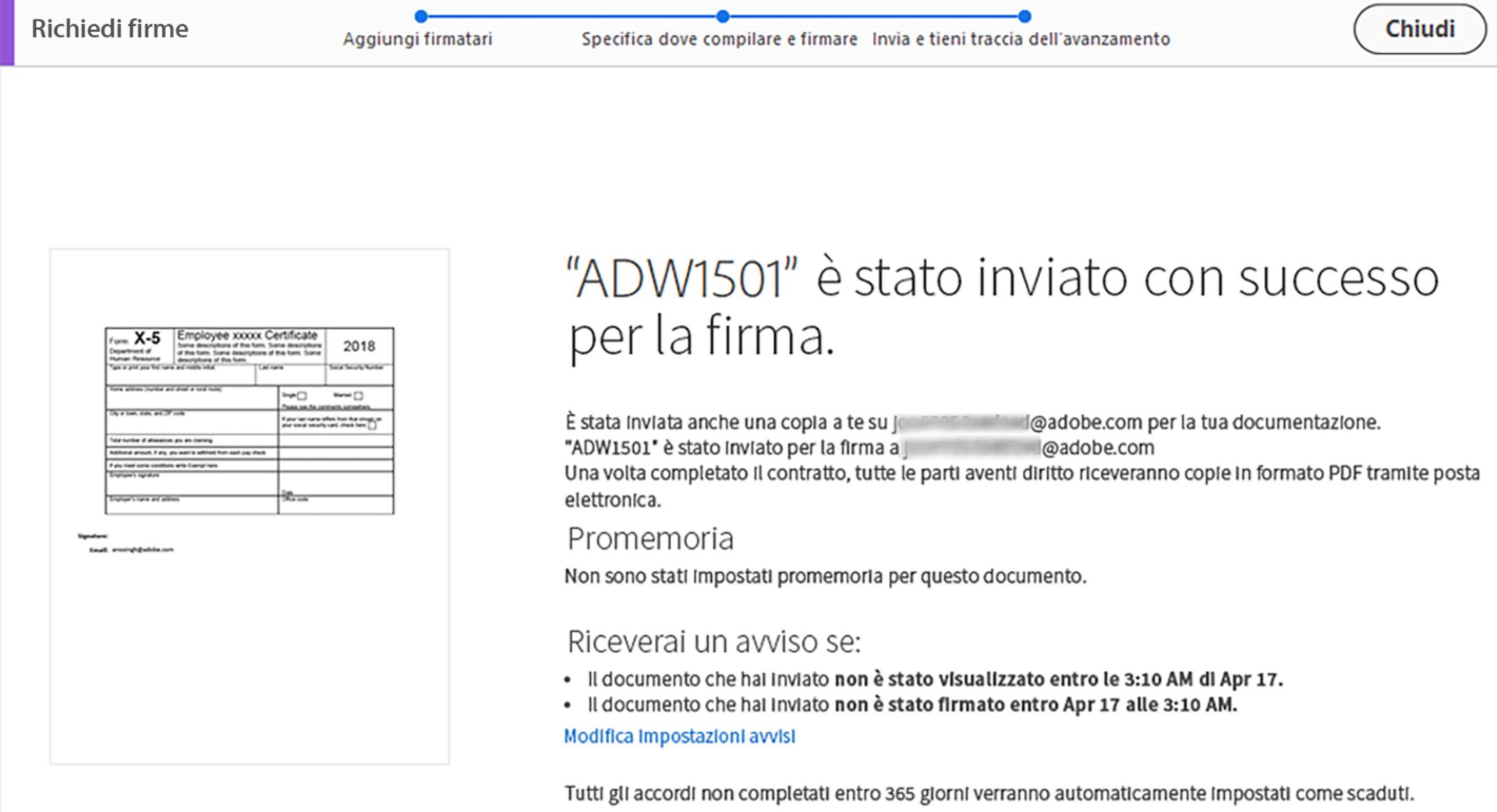 Conferma di Invia per firma