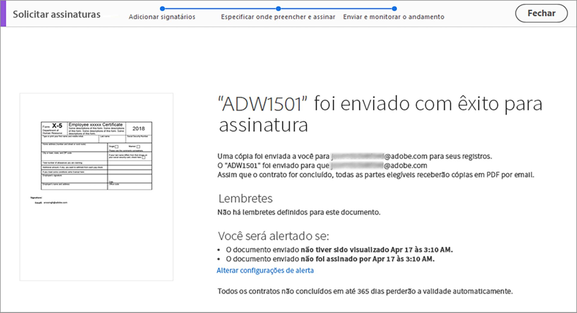 Confirmação de envio para assinatura