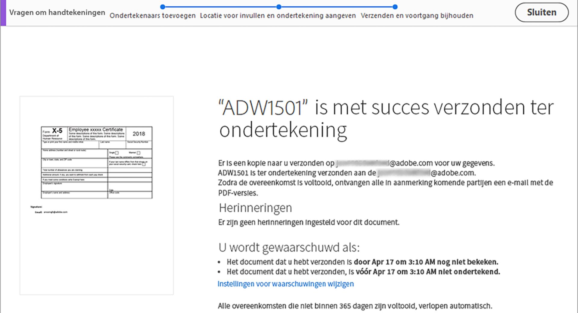 Bevestiging voor Verzenden ter ondertekening
