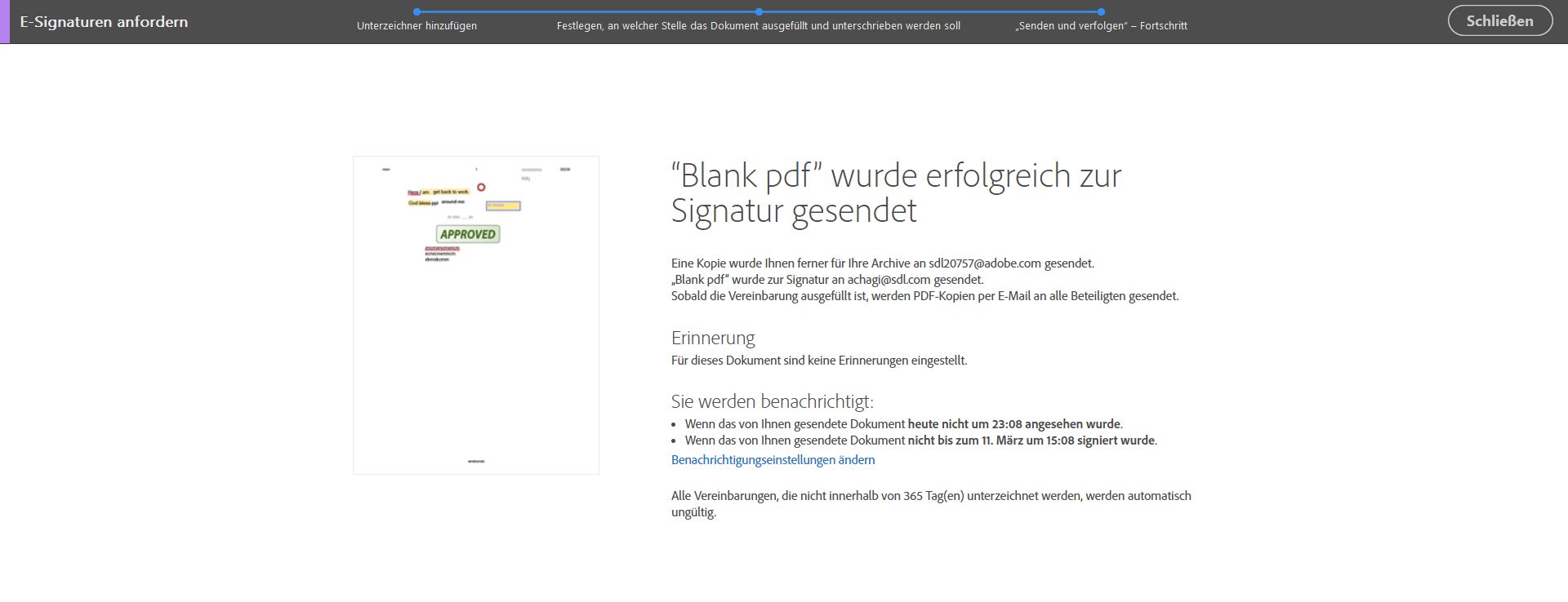 Bestätigung „Zum Signieren versandt“