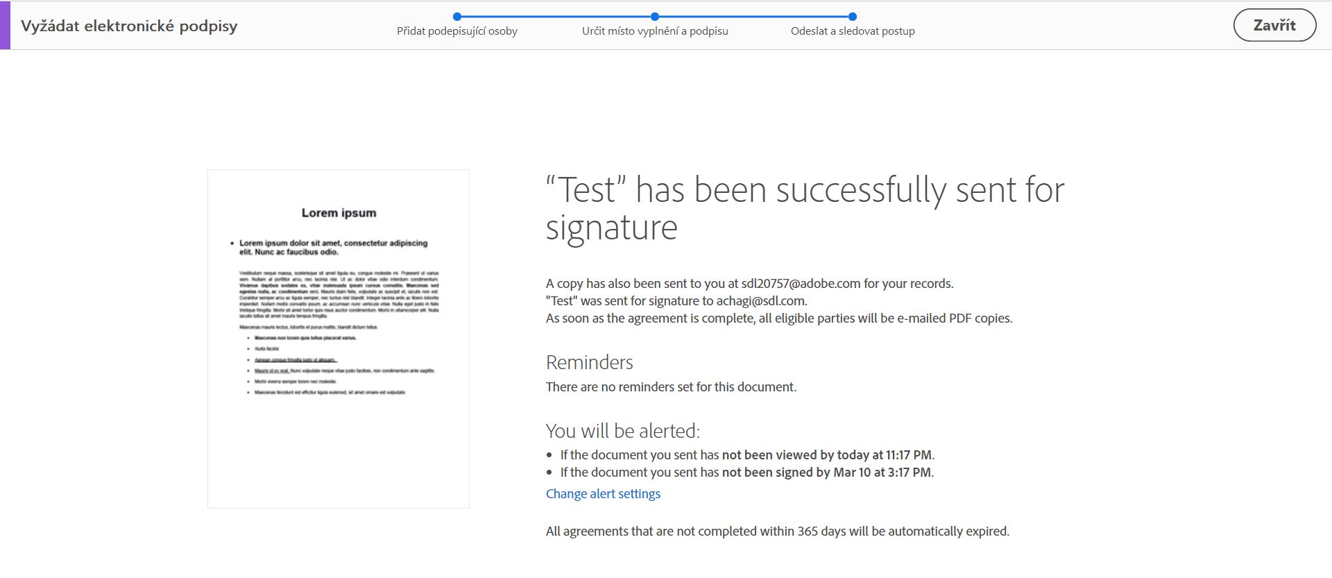 Potvrzení odeslání k podpisu