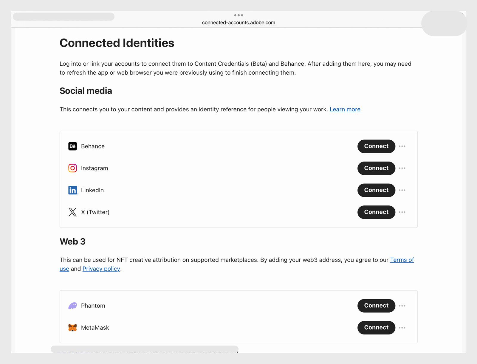 Pagina Identità collegate che mostra le opzioni per collegare gli account social media alle Content Credentials.
