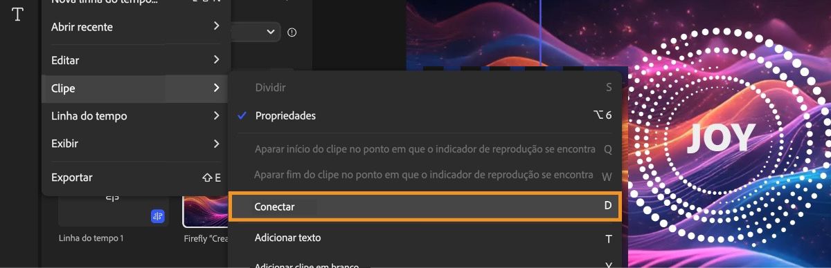O menu principal no canto superior esquerdo da página está aberto e a opção Conectar em Clipe está selecionada.