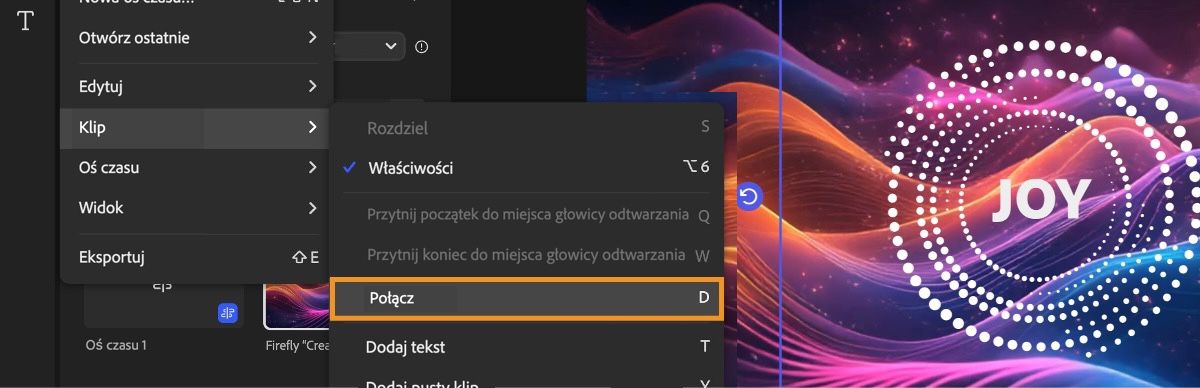Główne menu w lewym górnym rogu strony jest otwarte, a opcja Połącz pod opcją Klip jest zaznaczona.