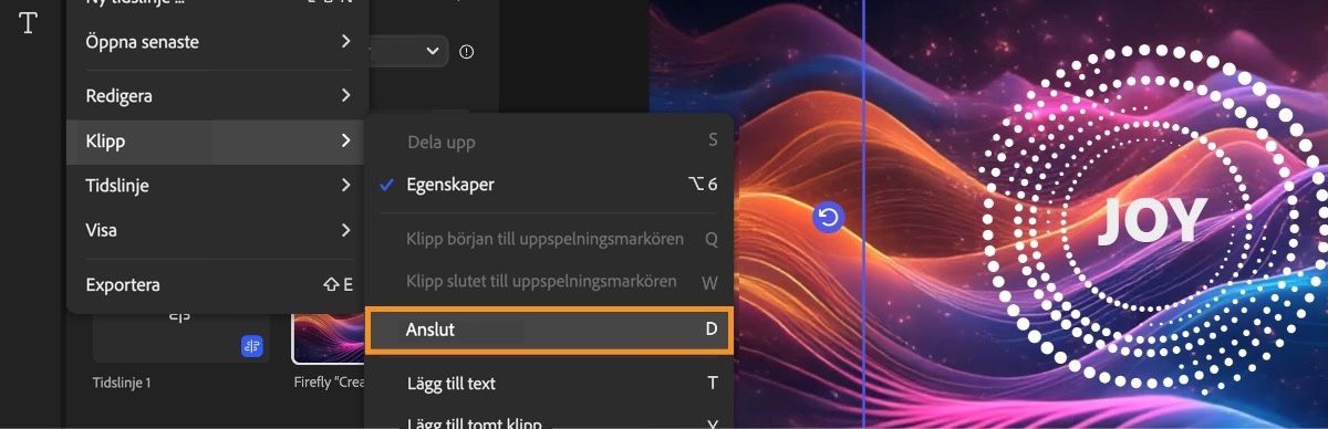 Huvudmenyn i det övre vänstra hörnet av sidan är öppen och Slå ihop under alternativet Klipp är valt.