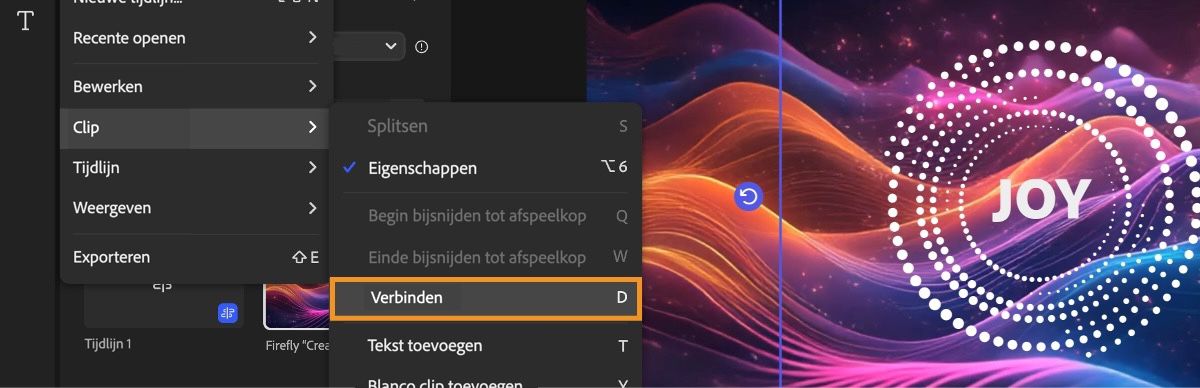 Het hoofdmenu linksboven op de pagina is geopend en onder de optie Fragment is Verbinden geselecteerd.