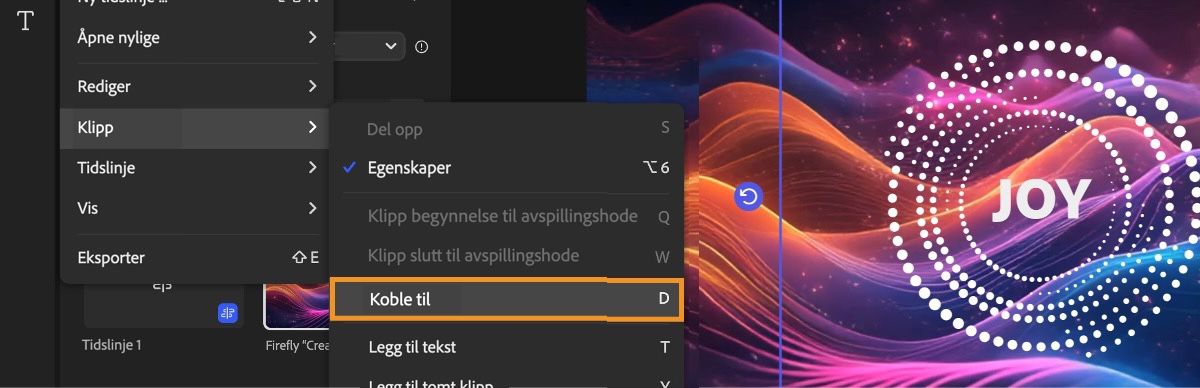 Hovedmenyen øverst til venstre på siden er åpen, og Koble til under Klipp-alternativet er valgt.