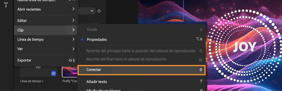 El menú principal en la parte superior izquierda de la página está abierto y la opción Connect bajo Clip está seleccionada.