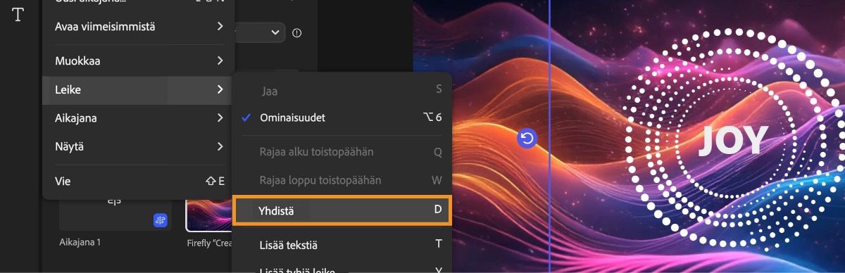 Sivun vasemman yläkulman päävalikko on auki, ja Leike-kohdasta on valittu Yhdistä.