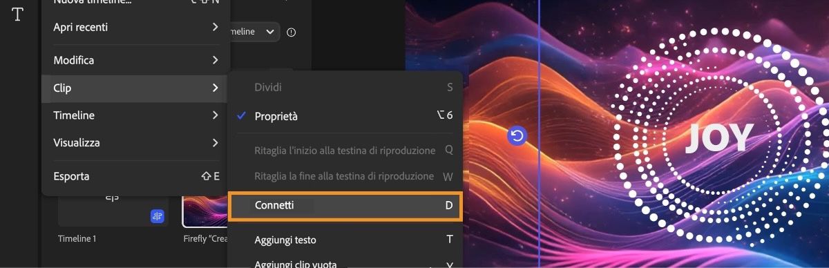 Il menu principale in alto a sinistra della pagina è aperto ed è selezionata l'opzione Collega sotto Clip.