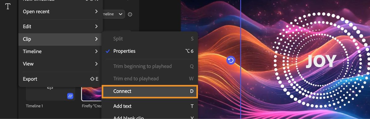 Открыто главное меню в верхнем левом углу страницы, и выбран параметр «Соединить» в разделе «Клип».