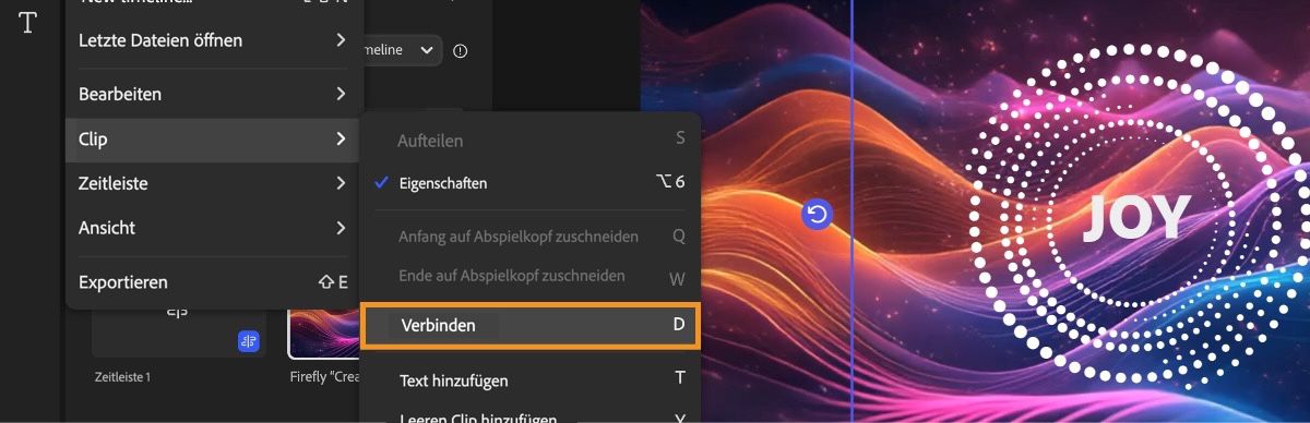 Das Hauptmenü links oben auf der Seite ist geöffnet, und unter „Clip“ ist die Option „Verbinden“ ausgewählt.