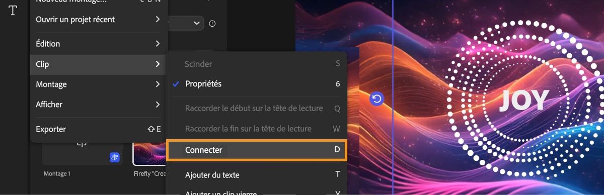 Le menu principal en haut à gauche de la page est ouvert et l’option Connecter sous Clip est sélectionnée.