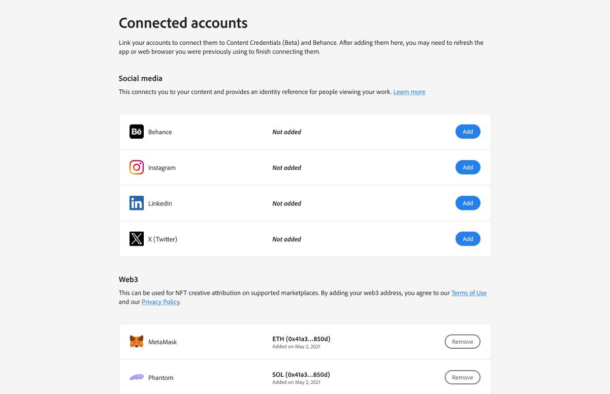 Nettstedet Tilkoblede kontoer (https://connected-accounts.adobe.com/)