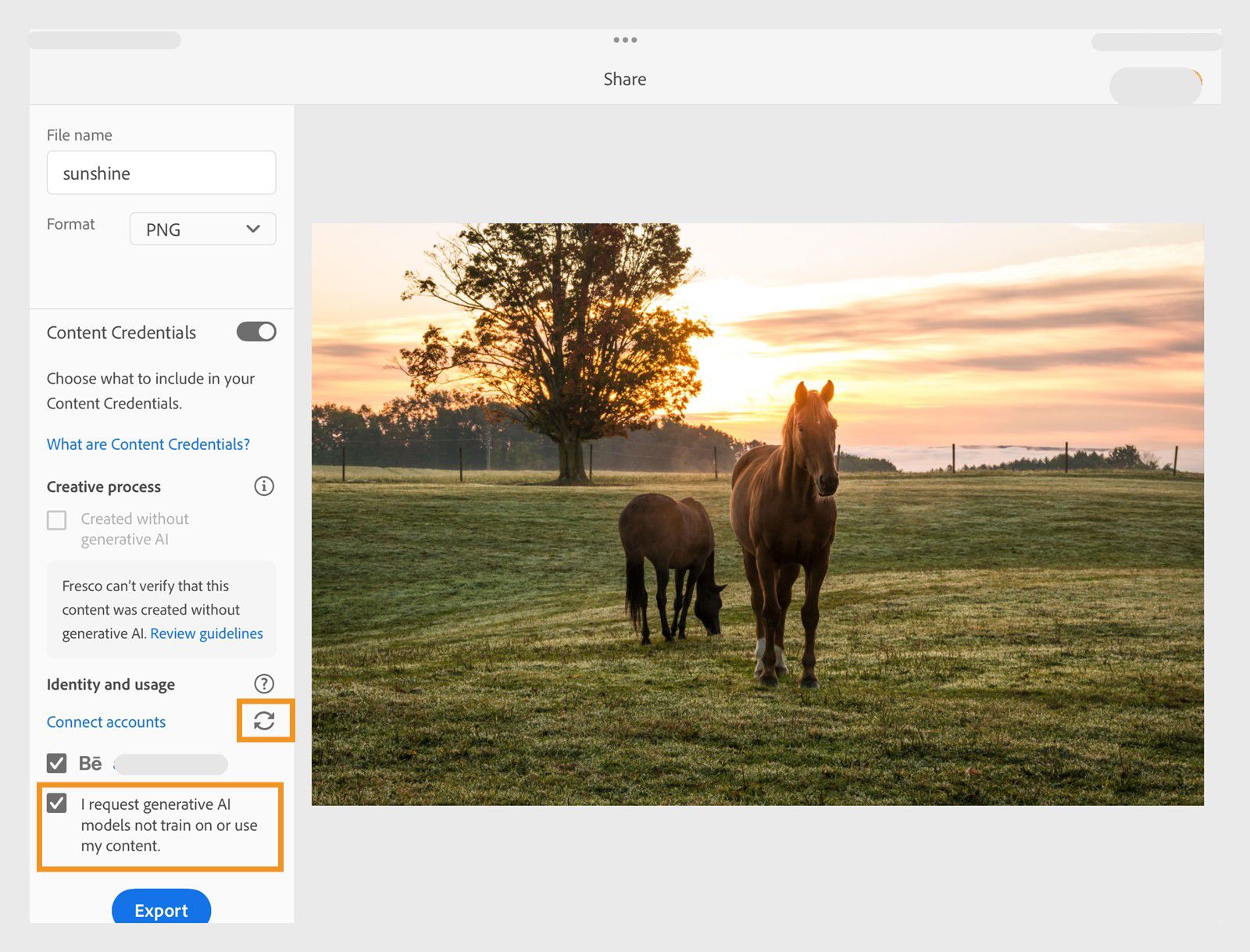Share screen showing an image export with Content Credentials enabled, a connected account, and artwork preview.