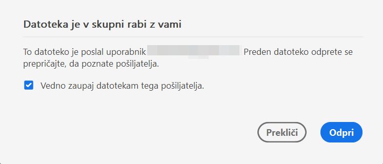Pogovorno okno za soglasje za datoteke v skupni rabi za pregled