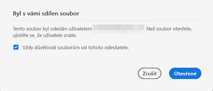 Dialogové okno souhlasu pro soubory sdílené ke kontrole