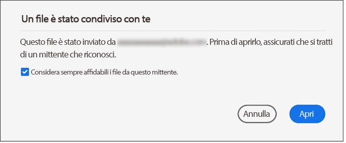 Finestra di dialogo di consenso per file condivisi per la revisione