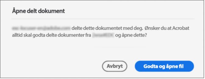 Samtykkedialog for åpning av en delt fil