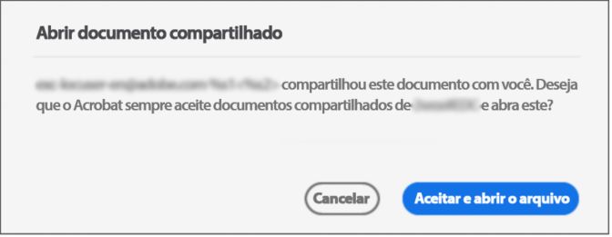 Caixa de diálogo de consentimento para abrir um arquivo compartilhado